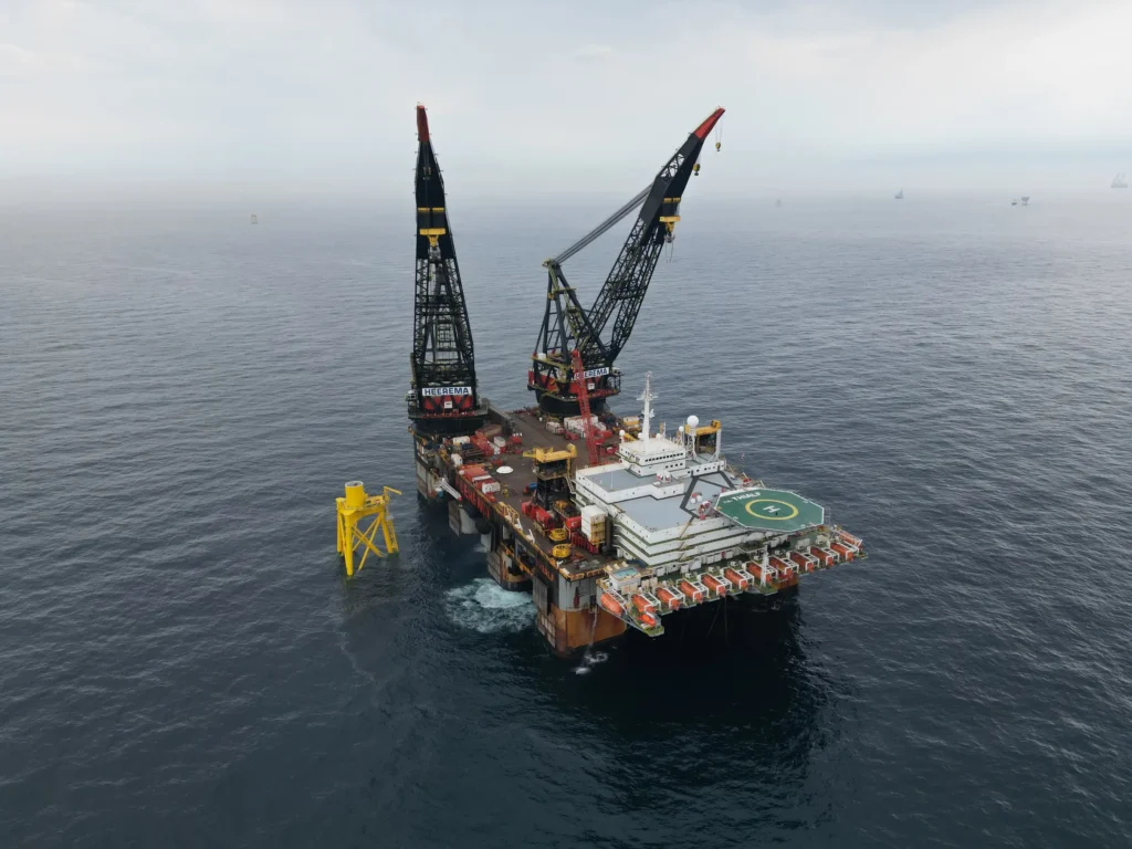 Drone view of offshore windfarm platform by GMEC